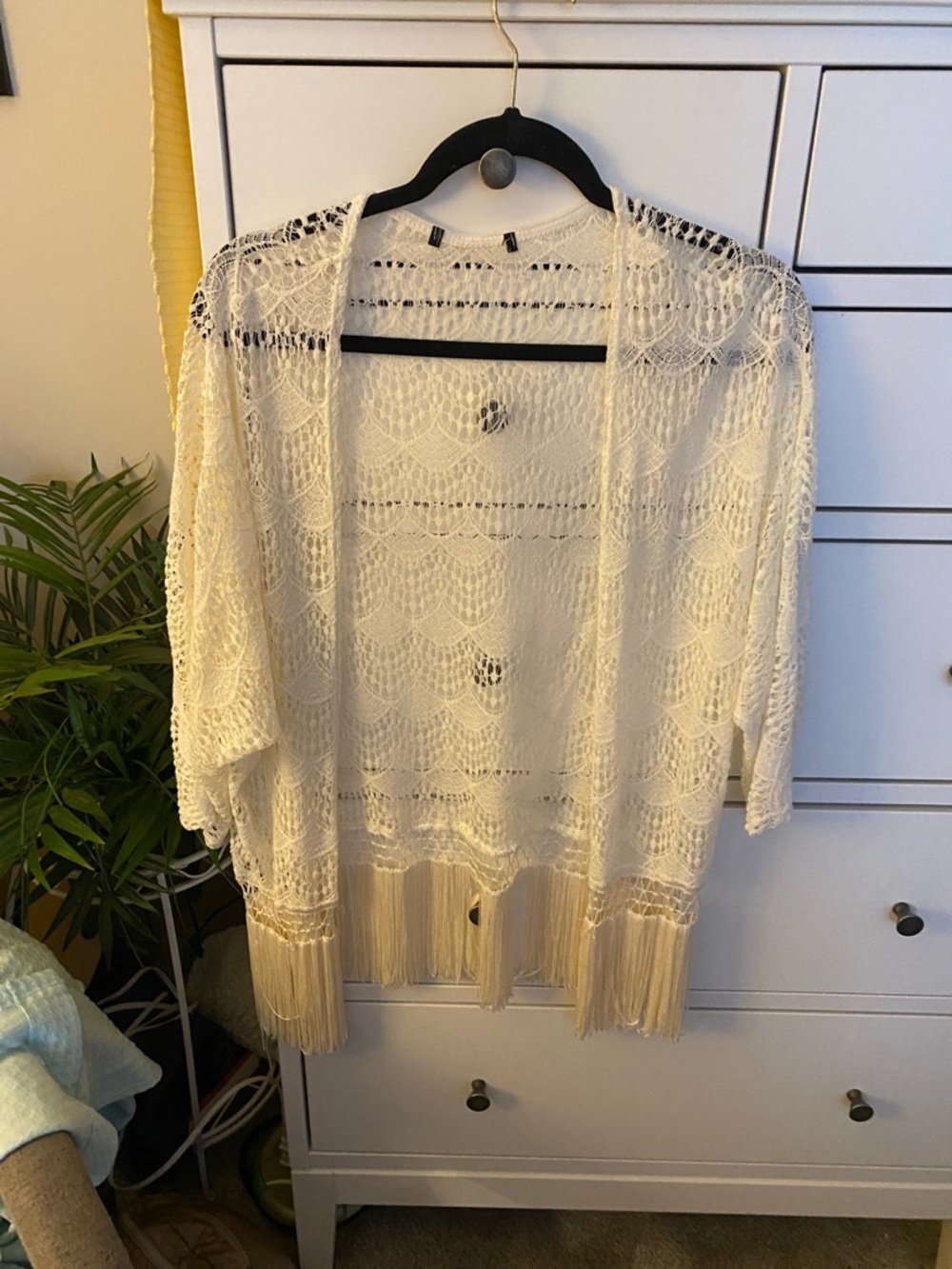Cream Open Knit Fringe Cardigan Sweater